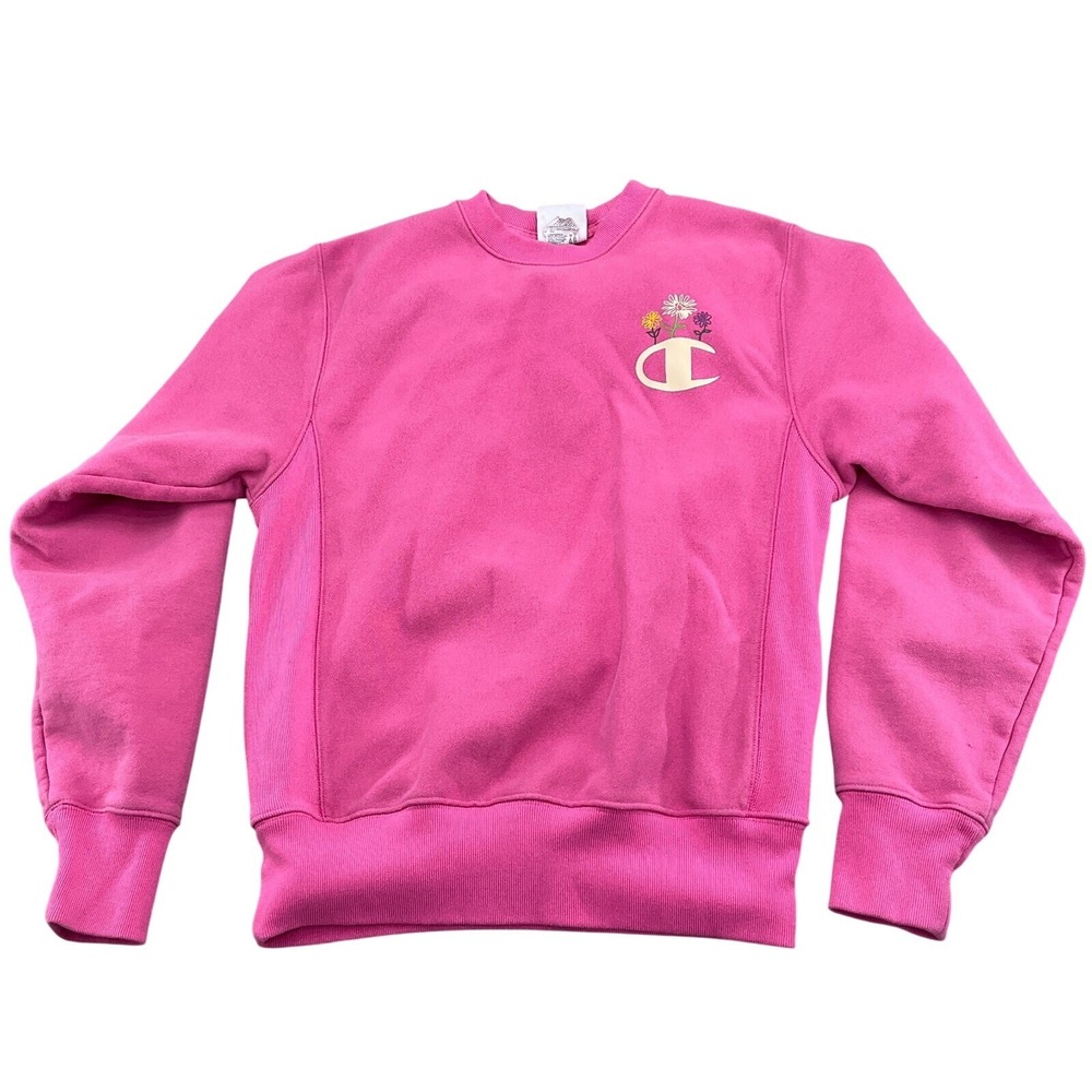 Champion Sweatshirt Women‎ Small Pink Floral Reverse Weave Cotton Logo Casual